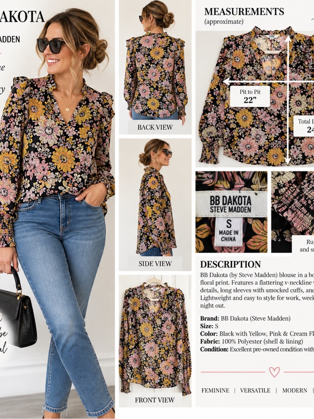 BB Dakota by Steve Madden Black Floral V-Neck Blouse with Yellow & Pink #109
